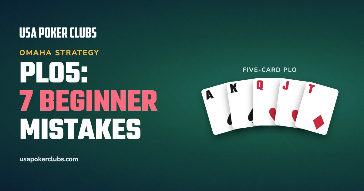 A five-card Pot-Limit Omaha starting hand fanned out: A-K-Q-J-T